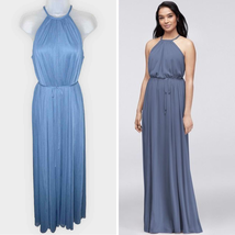 DAVID&#39;S BRIDAL coastal blue soft mesh halter maxi bridesmaid formal dress size 6 - £37.81 GBP