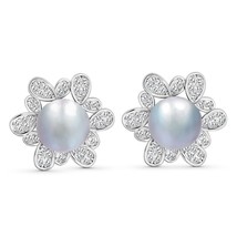 Bright Sunshine Cubic Zirconia and Gray Pearls Sterling Silver Stud Earrings - £15.32 GBP