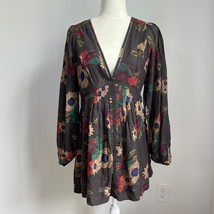 Free People Strawberry Fields Brown Floral Long Sleeve Tunic Mini Dress - $43.53