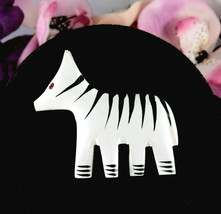 Zebra Pin Carved Wood Vintage Brooch Painted Enamel Wooden Handcrafted B&amp;W - £11.66 GBP