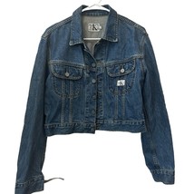 Vintage CALVIN KLEIN Dark Wash Collar Cropped Denim Jean Jacket Size Medium - £28.11 GBP