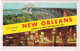 Postcard Greetings From New Orleans Louisiana Huey Long Bridge &amp; Canal Street - £2.18 GBP