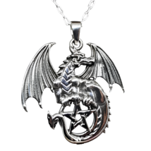 Dragon Pentacle Pendant Necklace 925 Sterling Silver 20&quot; Chain Fantasy &amp; Boxed - £39.57 GBP