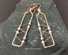 Handmade copper earrings: long rectangles diagonal wire wrapped with glass beads - £21.58 GBP