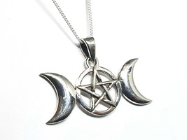 Triple Moon Pendant Goddess 20&quot; Chain 925 Sterling Silver Pagan Wiccan Coven Uk - £29.60 GBP