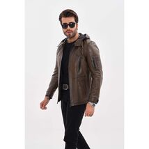 Vinci The Veneto Khaki Leather Hooded Men Jacket image 2