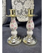 Pair Vintage Home Interior Brass/ Ceramic Floral Candle Holder - Table 7... - £7.77 GBP