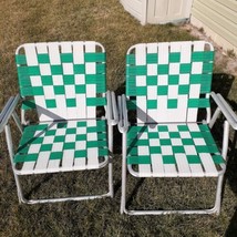 2 Vintage Webbed Aluminum Folding Lawn Chairs Double Shotgun Armrest White Green - £47.05 GBP