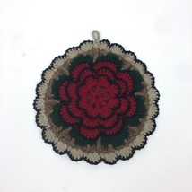 Handmade Vtg Crochet Hanging Decorative Pot Holder Trivet Flower Red Green Brown - £11.90 GBP