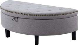 Jacqueline Tufted Half Moon Storage Ottoman In Grey Soft Brushed Linen With Gold - £141.43 GBP