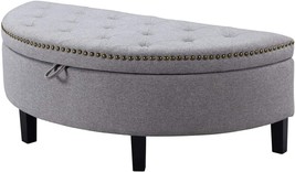 Jacqueline Tufted Half Moon Storage Ottoman In Grey Soft Brushed Linen With Gold - £191.34 GBP