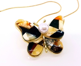 Chain with amber butterfly pendant amber mosaic butterfly pendant or brooch - $73.00