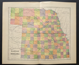 Antique Original 1890 KANSAS NEBRASKA Hunt &amp; Eaton Colored Map 13x11 - £27.37 GBP