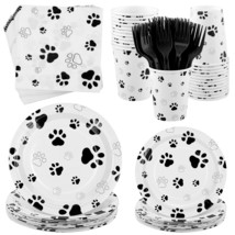 144 Pieces Black Paw Print Party Tableware Sets Including Disposable Plates Napk - £26.99 GBP