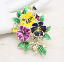 Beautiful Vintage Exquisite Enamel Pansy Flower Bouquet BROOCH Pin Jewellery - £37.07 GBP