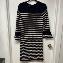 Talbots Womens Navy Blue Cream Striped Bell Sleeve Sweater Dress Bow Med... - £34.32 GBP