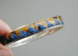 Spectacular Sterling Inlaid Tiger Eye Sodalite Hinged Bangle Bracelet Mexico - £199.83 GBP