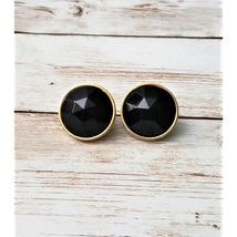 Vintage Clip On Earrings Faceted Black Gem with Gold Tone Halo Just Under 1&quot; - £11.14 GBP