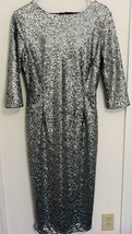 Adrianna Papell Women&#39;s Silver Sequined Party Cocktail Dress Size S 4/6 Back Zip - £22.08 GBP