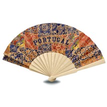Tile Azulejo Natural Cork Portugal Folding Hand Fan, Portugal Souvenir - £31.52 GBP
