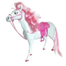 White Blow Mold Horse With Pink Hair Hooves Saddle Bridle 11in Tall - £15.94 GBP