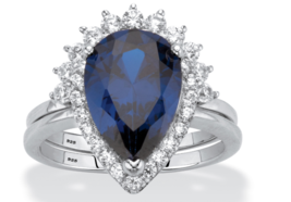 Pear Cut Blue Cz Bridal 2 Piece Ring Set Platinum Sterling Silver 6 7 8 9 10 - £97.42 GBP