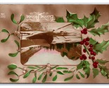 RPPC Tinted Winter Scene Holly Mistletoe Bonne Annee New Year Postcard U22 - $4.47