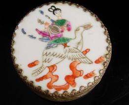 Chinese Enamel Box - Asian girl on bird - Oriental trinket case - antiqu... - $110.00