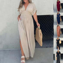 Fashion Bat-sleeved V-neck Slit Dress Summer Short Sleeve Elastic Waist Long Dre - £15.79 GBP