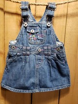 OshKosh B’Gosh Baby Girl 6M Denim Blue Jean Overall Dress Pink Flowers Pockets - $22.74