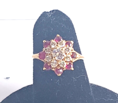 Vintage .75ct Ruby &amp; Diamond 14K Yellow Gold Cluster Ring - £470.86 GBP