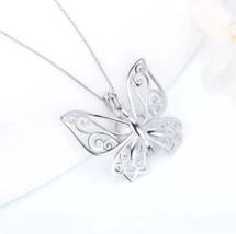 925 Sterling Silver Elegant Butterfly Pearl Cage Pendant Necklace - £43.48 GBP