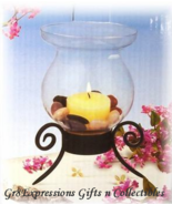 Beautiful GLASS CANDLE ROCK GARDEN w/WROUGHT IRON STAND - $16.95