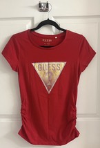 Guess Top Size L Red Gold Classic Vintage Logo Graphic Tee Shirt Ruched Sides - £14.88 GBP