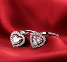 3.80Ct Heart Simulated Diamond Halo Dangle Earrings 14K White Gold Plated Silver - £79.38 GBP
