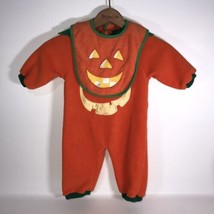 Baby Pumpkin Costume Halloween Fleece 6-9 Months Romper Hat &amp; Bib Jack O Lantern - £19.76 GBP