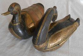 vintage carved wood ducks with hammered brass or copper skins one is a box  - £159.87 GBP