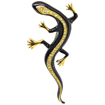 Vintage Extra Long Salamander Brooch Black Enamel Clear Rhinestones 4&quot; Long - £9.35 GBP