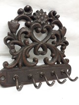 Solid Cast iron Vintage 5 Hook KEY HOLDER Wall Mounted,  5&quot;x4.5&quot; Hearts Flowers - £28.50 GBP