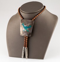 Sterling Silver Bolo Tie with Turquoise Inlay Chicken Emblem and Braided Leather - £375.48 GBP