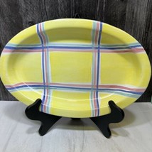 Caleca Italian Pottery Yellow Blue Green Pink Plaid Oval Platter Easter Spring - £28.27 GBP