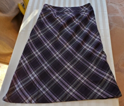 Talbots Black Purple White Gray Plaid Wool Blend long Skirt Misses Size 14 - $24.74