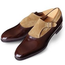 Two Tone Monk Shoes Tan Brown Suede Leather Plain Toe Men&#39;s Premium Quality - £109.41 GBP