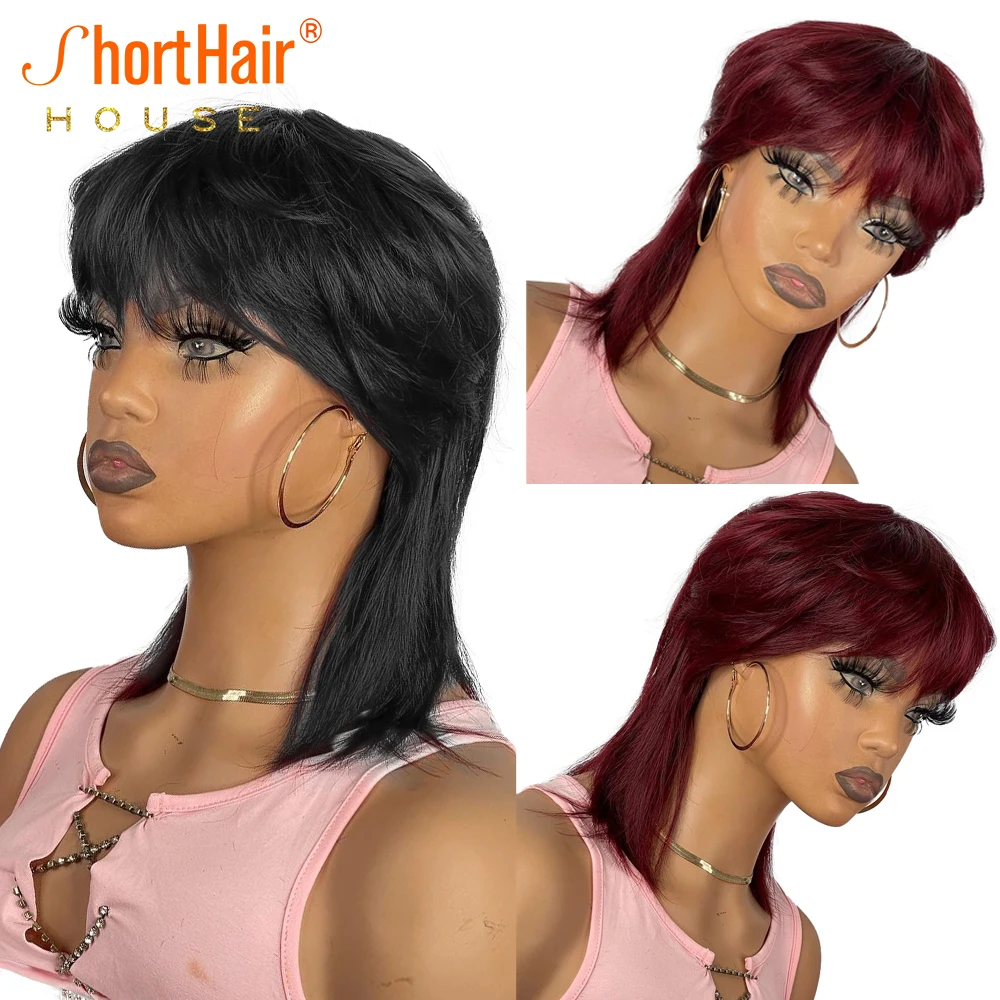 Burgundy Color Short Wigs For Women Human Hair Pixie Cut Wig With Bangs Full - £32.68 GBP+