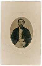 Man with Goatee Tintype Photo in Frame Mid 1800s -Name on Front, writing... - $13.10