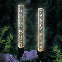 Set of 2 Solar LED BUBBLE Garden Stakes Clear White Outdoor Yard Lawn Art Decor - £32.04 GBP