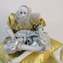 Vtg. Seymour Mann Porcelain Clown/Pierrot Doll In Pillow Gold & Silver 5"1/2x5"  - $14.42
