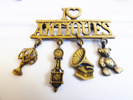 Vtg Signed Jj Pin Brooch I Love Antiques With Dangling Charms - £15.92 GBP