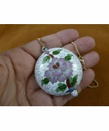 J518-1 White pink flower 42mm round flat CLOISONNE disk 3D pendant 24&quot; n... - $543.34 MXN