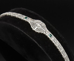 14K GOLD - Vintage Openwork Genuine Diamonds &amp; Green Stone Bracelet - GBR072 - £754.61 GBP